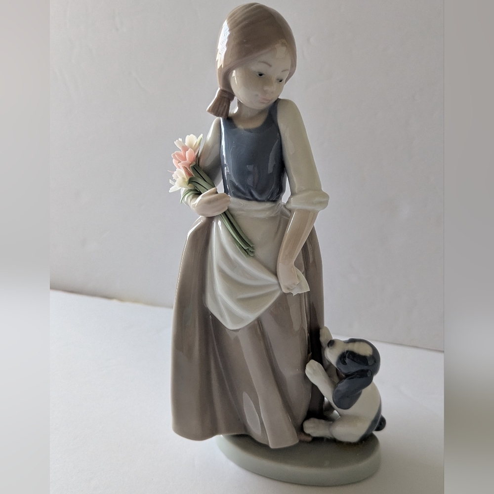 NAO by Lladro Porcelain Girl with Puppy & Flowers "How About Me" #1004 Retired